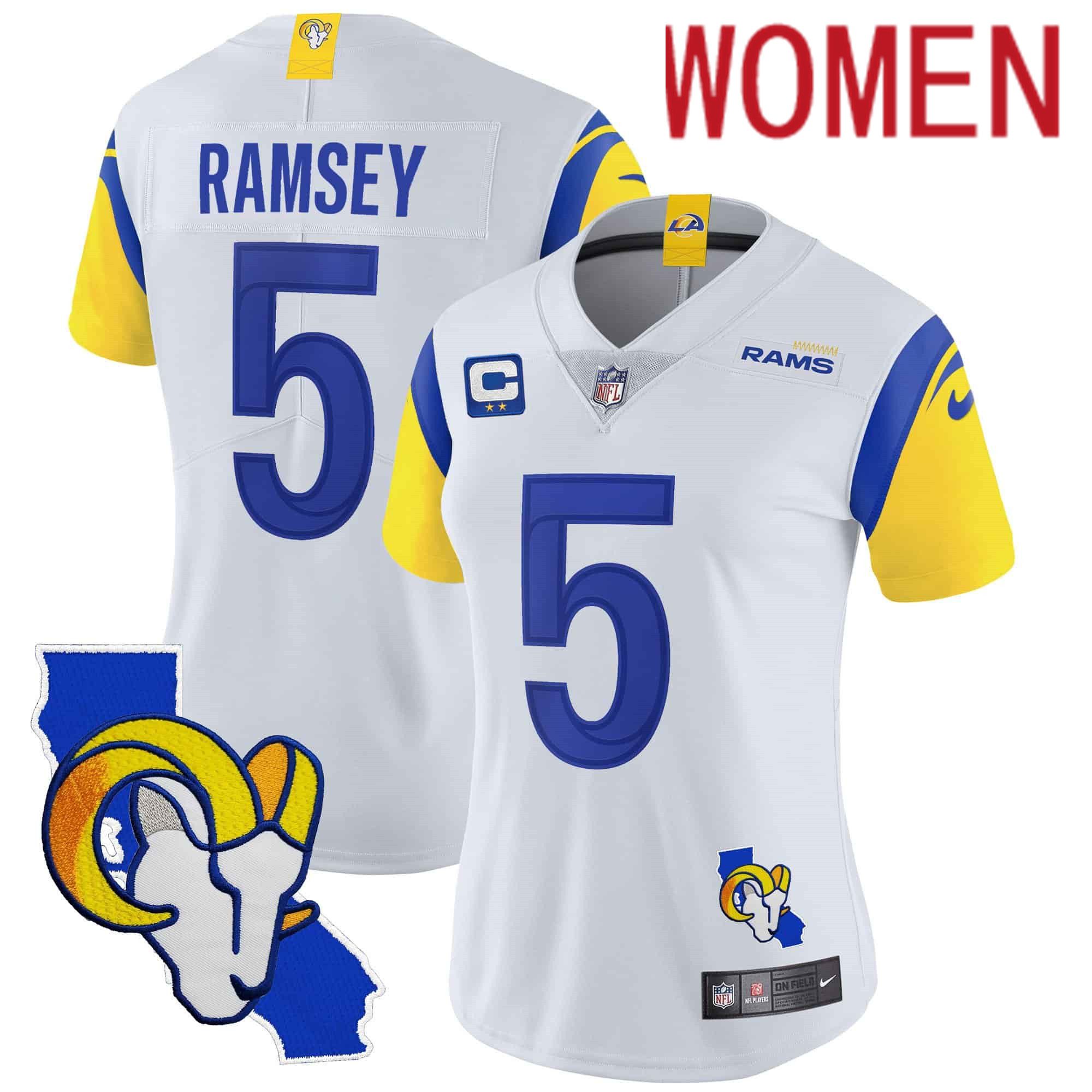 Women Los Angeles Rams #5 Ramsey White 2024 Nike California Patch Vapor Limited NFL Jersey->women nfl jersey->Women Jersey